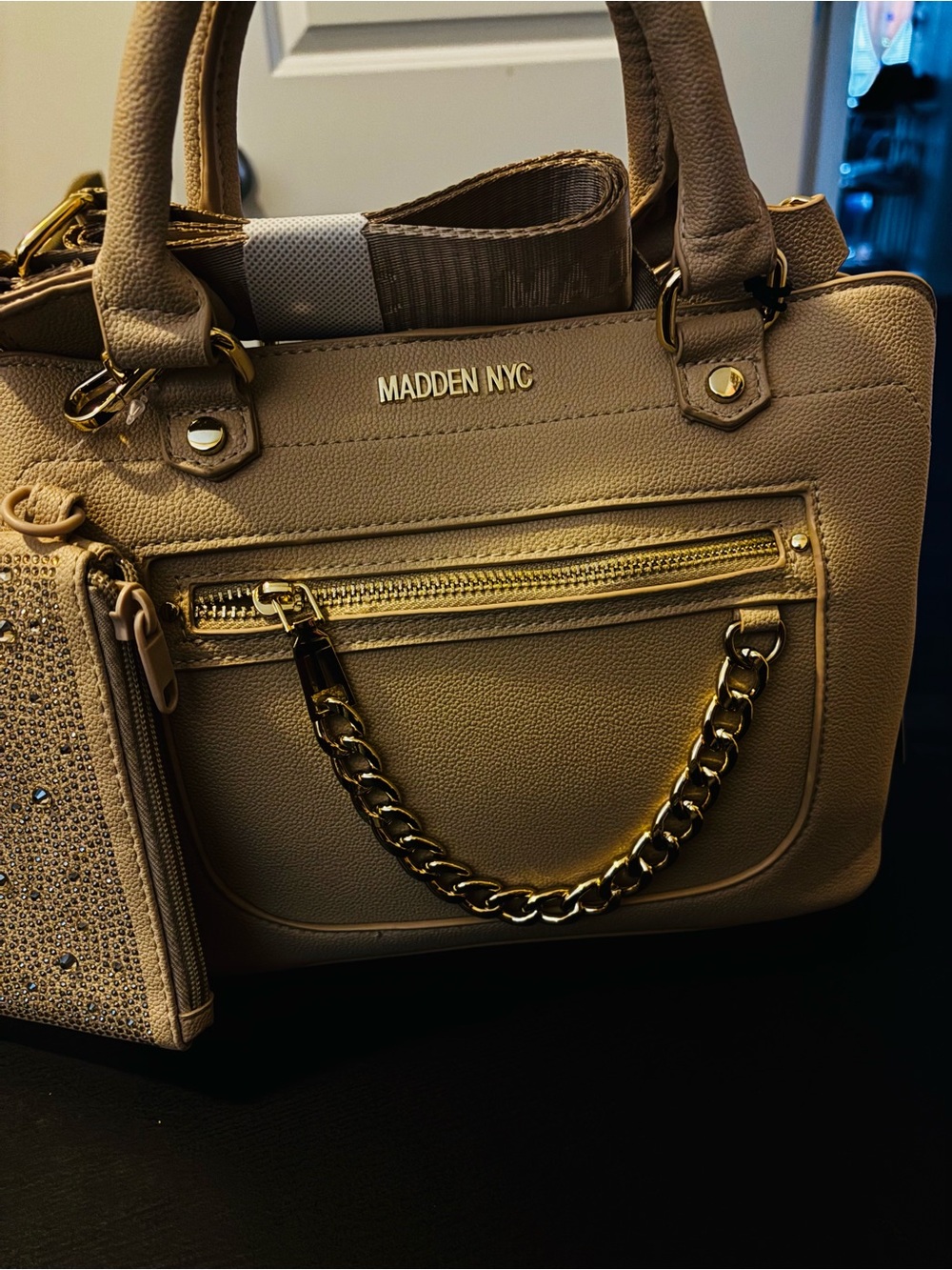 Madden NYC Taupe Satchel with Gold Chain Accent